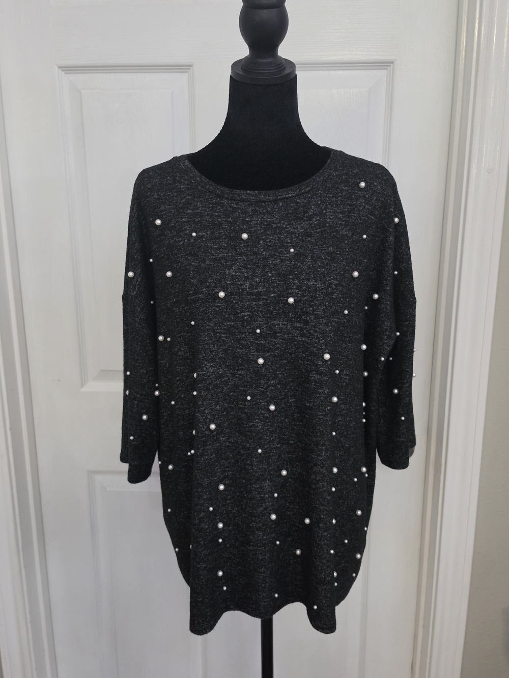 Chelsea & Theodore Dark Charcoal Pearl-Studded Crewneck Sweater